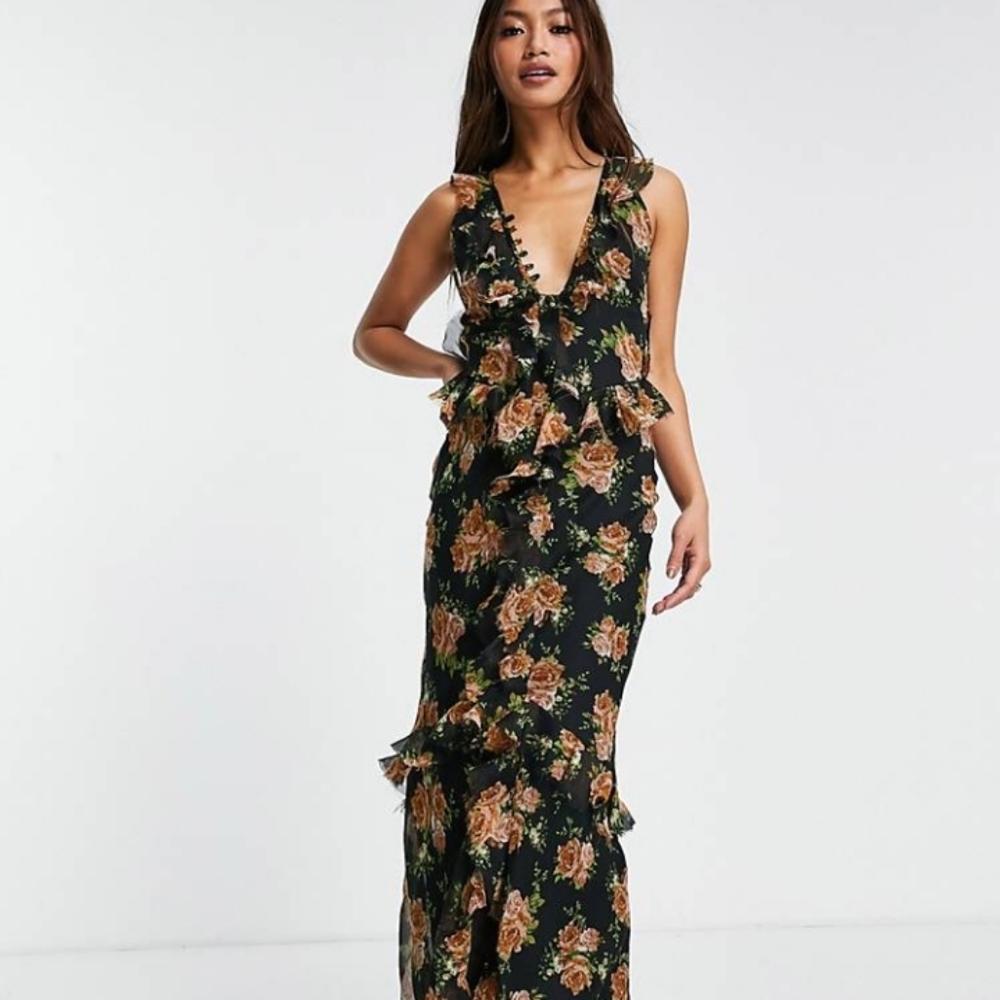 Asos bias cut ruffle maxi dress with rose print
